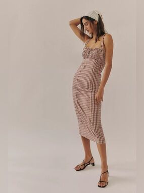 Free People Lucinda Gingham Cocoa Brown Midi Dress Size Small NWT